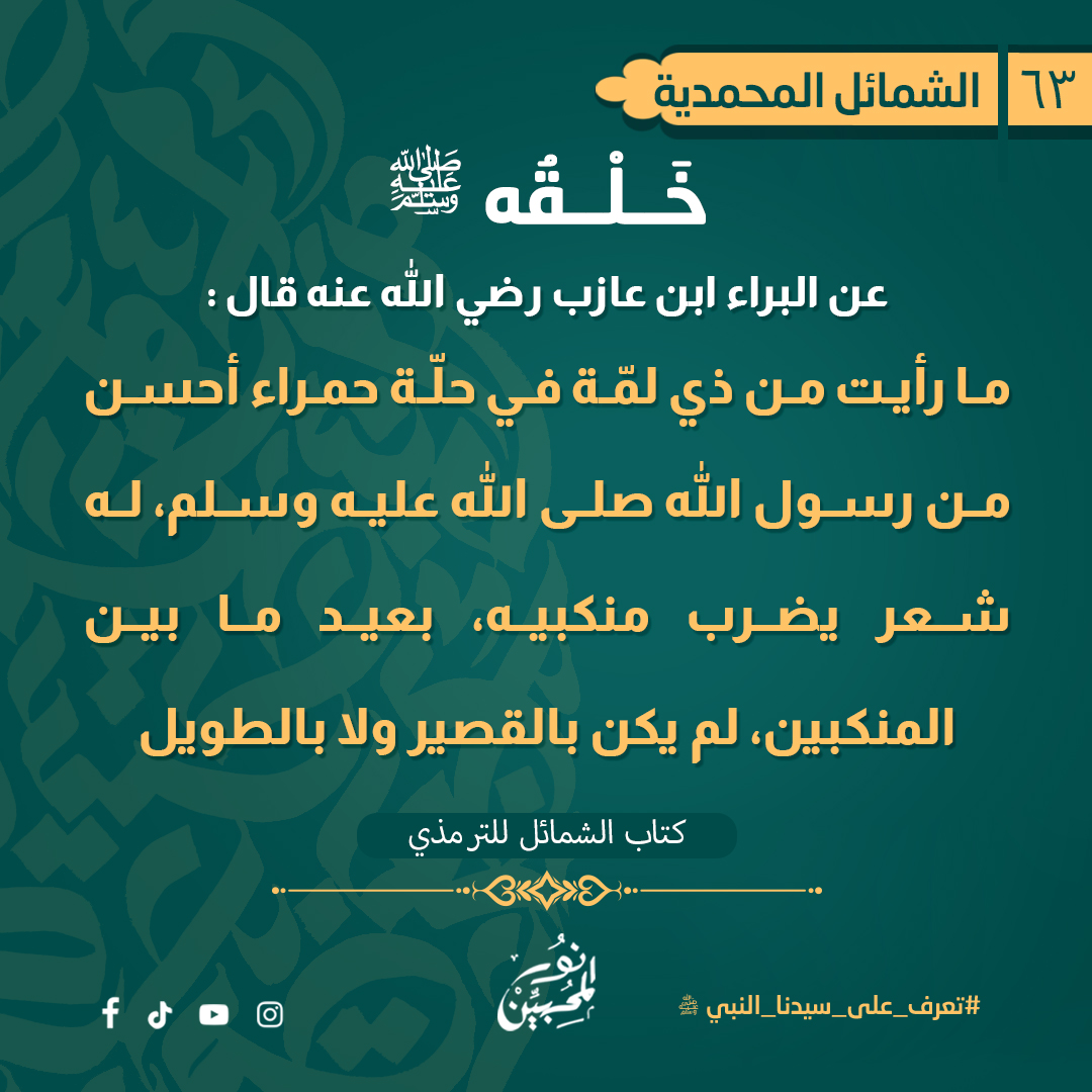 - من ذي لِمَّة: اللِّمة: هو الشعر الذي يكاد يُلِمُّ بالمنكبين، سميت اللمة؛ لإلمامها بالمنكبين يعني تقارب المنكبين. في حُلَّة: الحلة: هي إزارٌ ورِدَاءٌ مِن الْبُرُود الْيَمَنِية. حمراء: أي: وصفها بالحمرة. مَنْكِبه: المنكب: هو مجمع اليد مع الجنب وهو رأس الكتف.