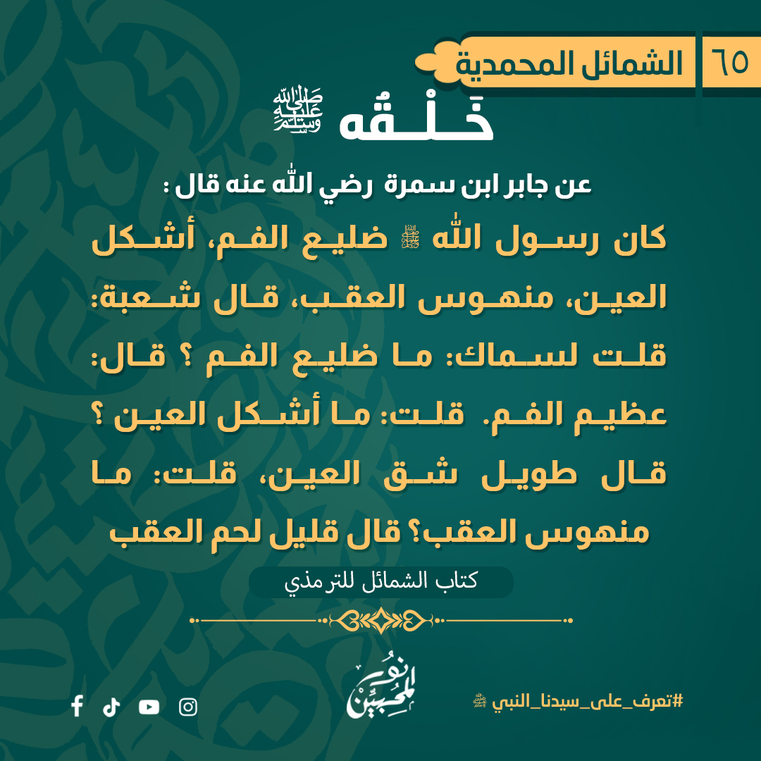 - «ضَلِيعَ الفَمِ»، أي: عَظيمَه أو واسِعَه، وكانتِ العَربُ تَمدَحُ بذلكَ وتَذُمُّ صِغَرَ الفمِ، وكأنَّهم يَتخيَّلون أنَّ سَعةَ الفمِ يكونُ عنها سَعةُ الكلامِ والفصاحةُ، وأنَّ ضِيقَ الفمِ يكونُ عنه قِلَّةُ الكلامِ واللُّكنةُ.
«أَشكَلَ العَينِ» وهو الَّذي في بَياضِ عَينِه حُمْرةٌ، وهو أمرٌ مَحمودٌ. وقدْ فسَّر سِماكٌ-راوي الحديثِ- قولَه: «أَشكَلَ العَينِ» بأنَّه: طويلُ شَقِّ العَينِ «مَنهوسُ العَقِبينِ»، أي: قَليلُ لَحمِ العَقبَينِ، وهما مُؤخَّرُ القدَمَينِ.